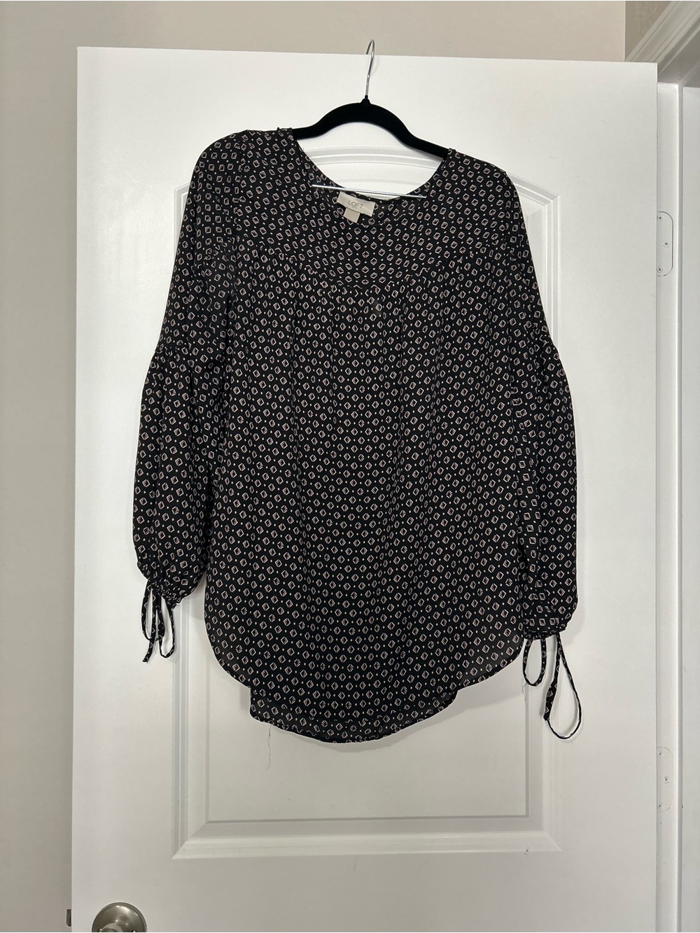 LOFT Black Blouse with White Dot Ring Print